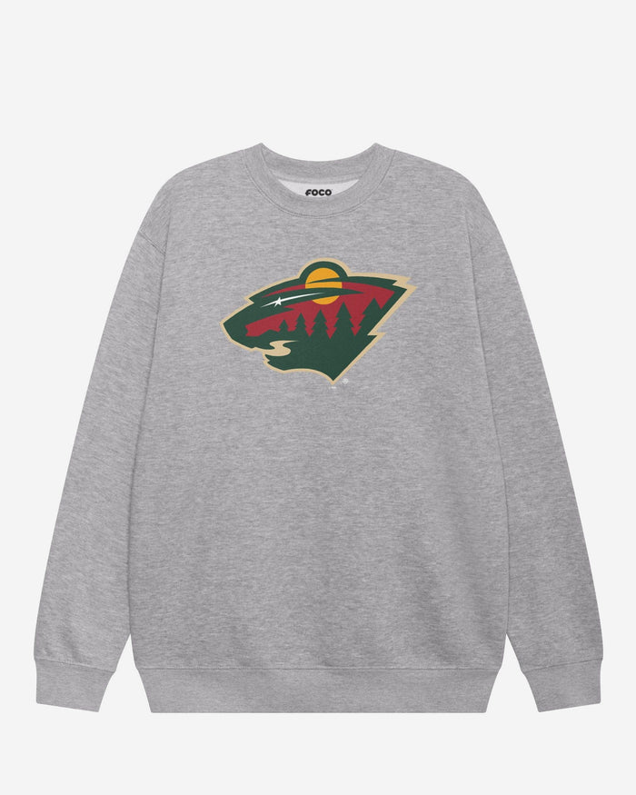 Minnesota Wild Primary Logo Crew Neck Sweatshirt FOCO Athletic Heather S - FOCO.com