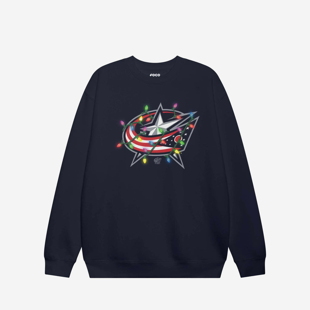 Columbus Blue Jackets Primary Logo Holiday Lights Crew Neck Sweatshirt FOCO S - FOCO.com