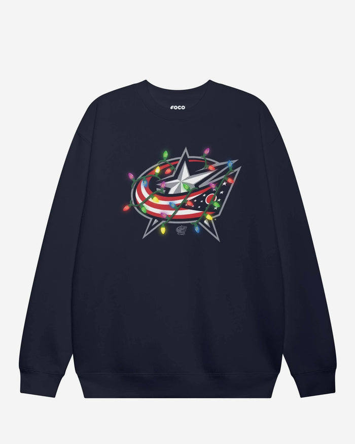 Columbus Blue Jackets Primary Logo Holiday Lights Crew Neck Sweatshirt FOCO S - FOCO.com