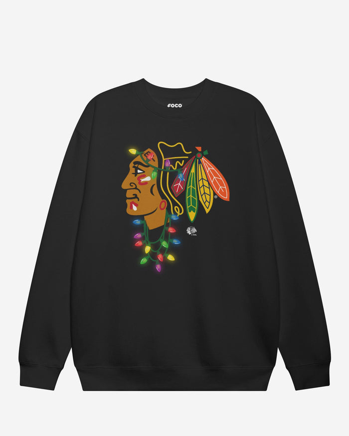 Chicago Blackhawks Primary Logo Holiday Lights Crew Neck Sweatshirt FOCO S - FOCO.com