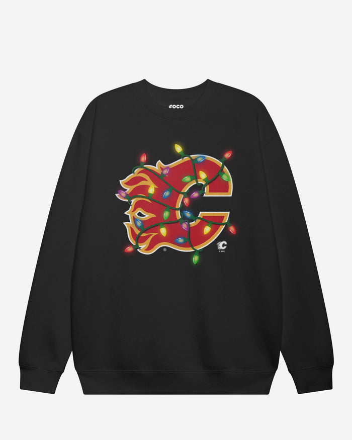 Calgary Flames Primary Logo Holiday Lights Crew Neck Sweatshirt FOCO S - FOCO.com