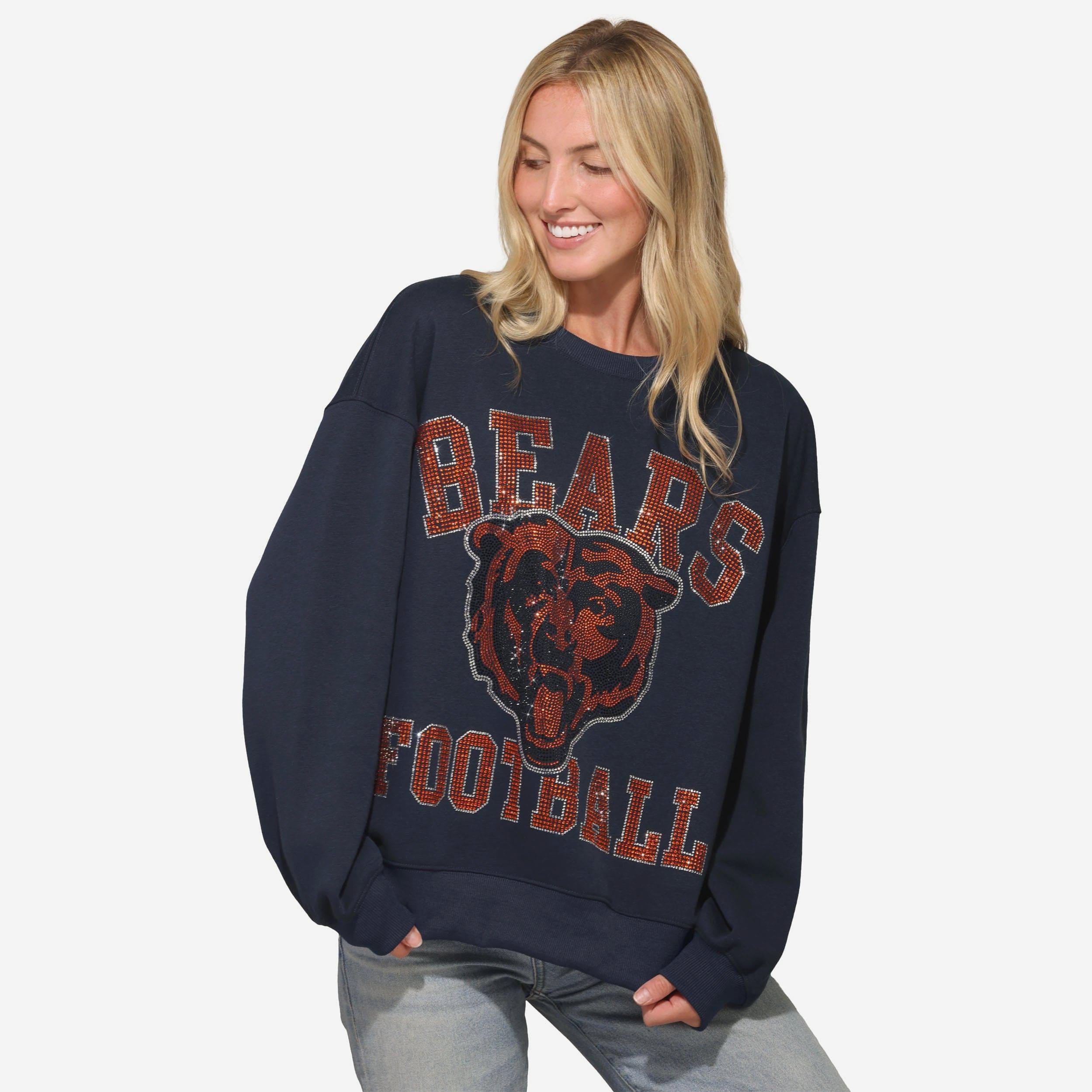 Chicago Bears Womens Rhinestone Logo Oversized Crew Neck