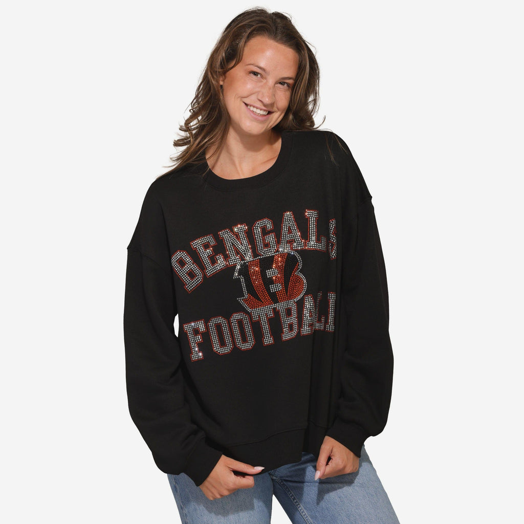 Cincinnati Bengals Womens Rhinestone Logo Oversized Crew Neck Sweatshirt FOCO S - FOCO.com