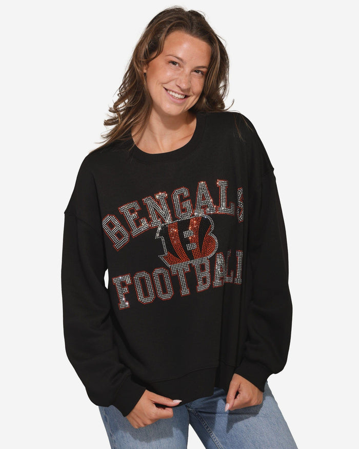 Cincinnati Bengals Womens Rhinestone Logo Oversized Crew Neck Sweatshirt FOCO S - FOCO.com