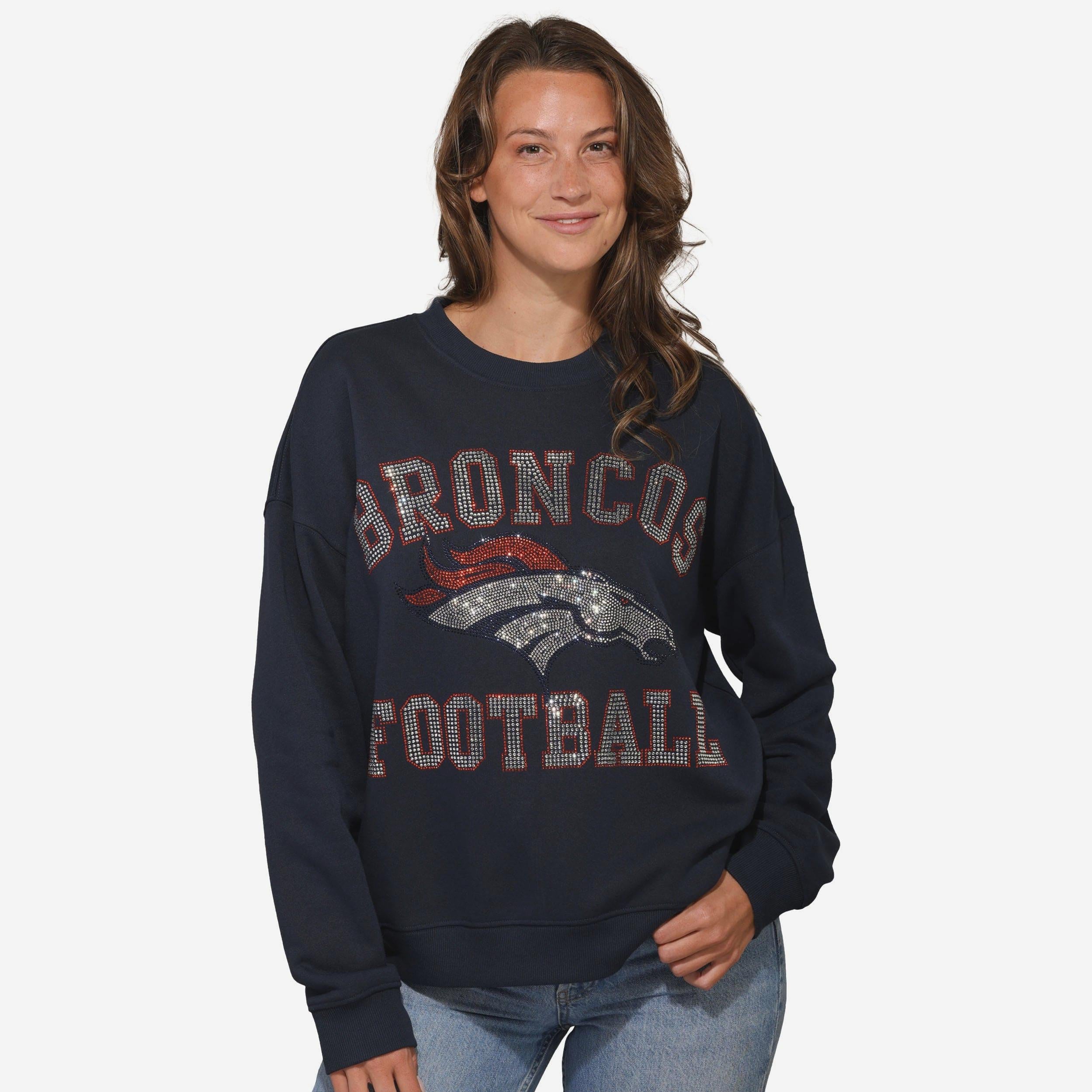 Denver Broncos Womens Rhinestone Logo Oversized Crew Neck