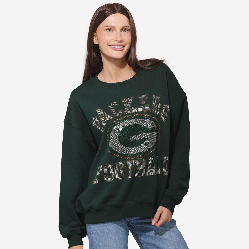 Green Bay Packers Womens Rhinestone Logo Oversized Crew Neck Sweatshirt
