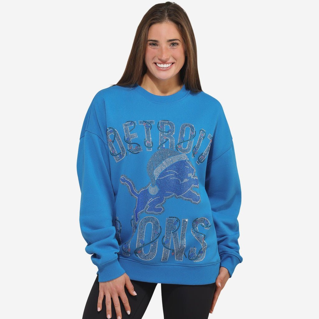 Detroit Lions Womens Rhinestone Logo Oversized Holiday Crew Neck Sweat FOCO