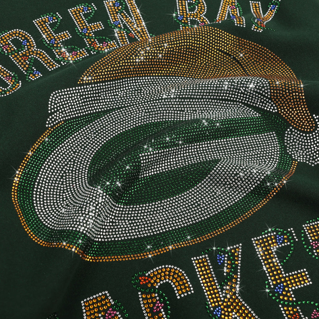 Packer Rhinestone Designs Green Bay Packers Womens Rhinestone Logo Oversized Holiday Crew Neck S FOCO