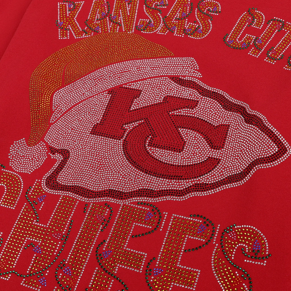 Custom Rhinestone Chiefs Kansas City Chiefs Womens Rhinestone Logo Oversized Holiday Crew Neck FOCO