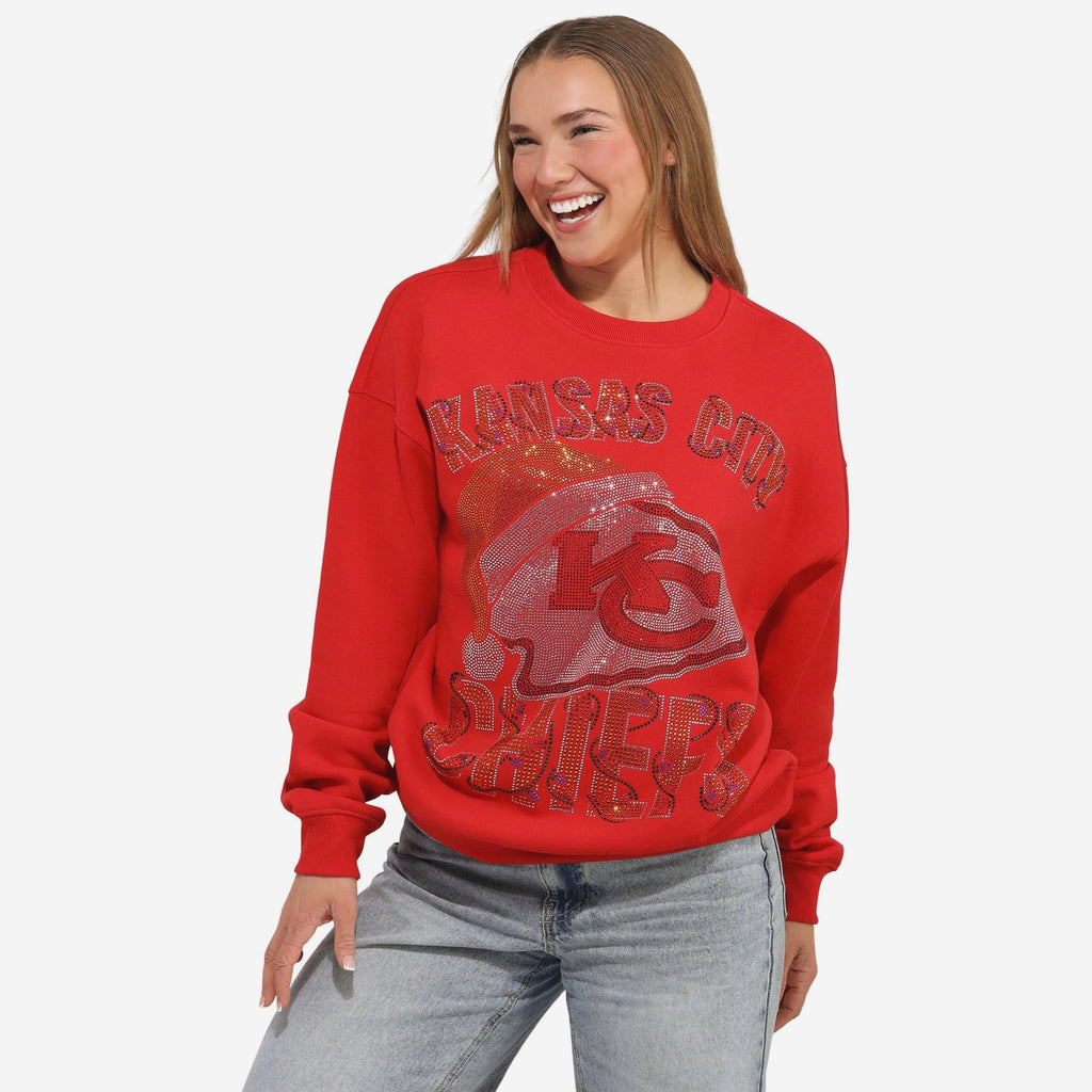 Kansas City Chiefs Womens Rhinestone Logo Oversized Holiday Crew Neck FOCO