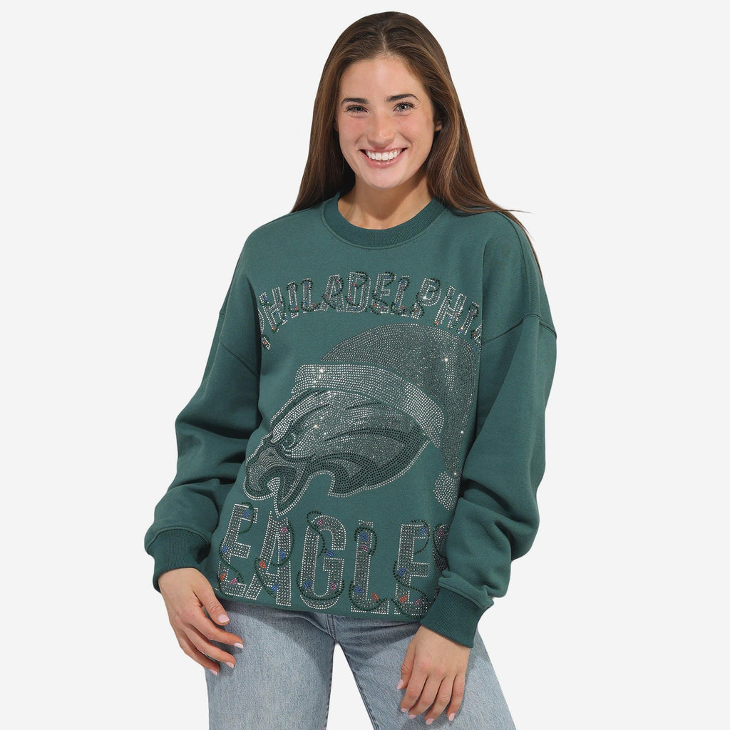 Philadelphia Eagles Womens Rhinestone Logo Oversized Holiday Crew Neck Sweatshirt FOCO S - FOCO.com