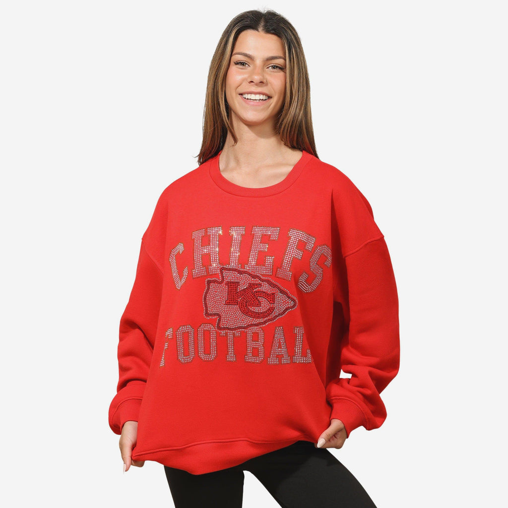 Kansas City Chiefs Womens Rhinestone Logo Oversized Crew Neck Sweatshirt FOCO S - FOCO.com