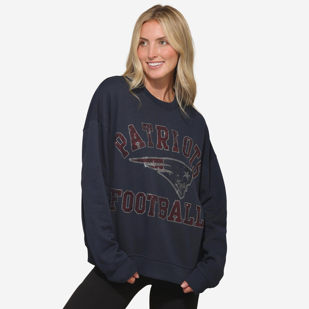 New England Patriots Womens Rhinestone Logo Oversized Crew Neck Sweatshirt FOCO S - FOCO.com