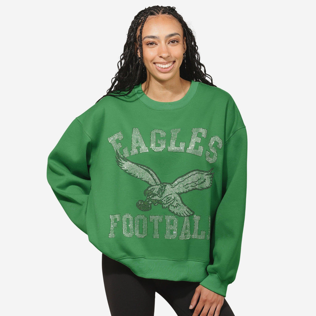 Philadelphia Eagles Womens Kelly Green Rhinestone Logo Oversized Crew FOCO