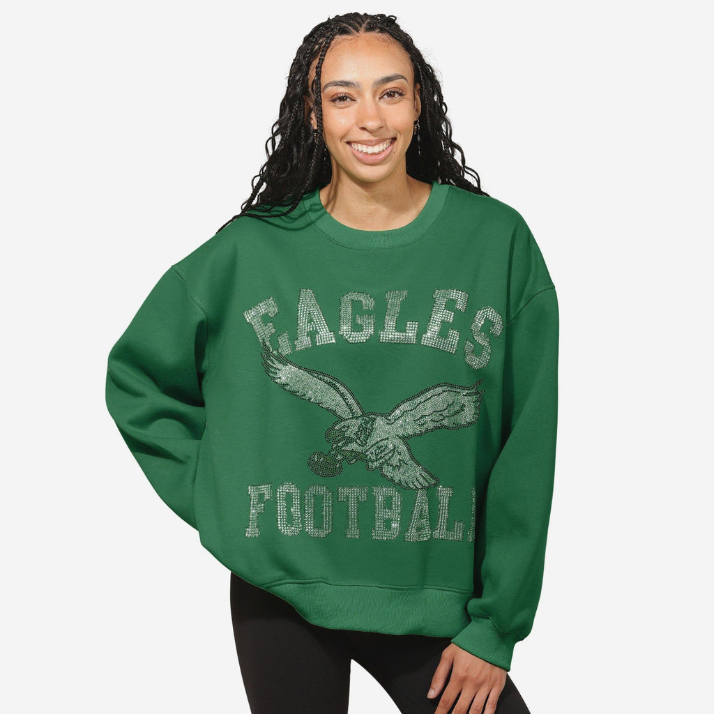 Philadelphia Eagles Womens Kelly Green Rhinestone Logo Oversized Crew Neck Sweatshirt FOCO S - FOCO.com