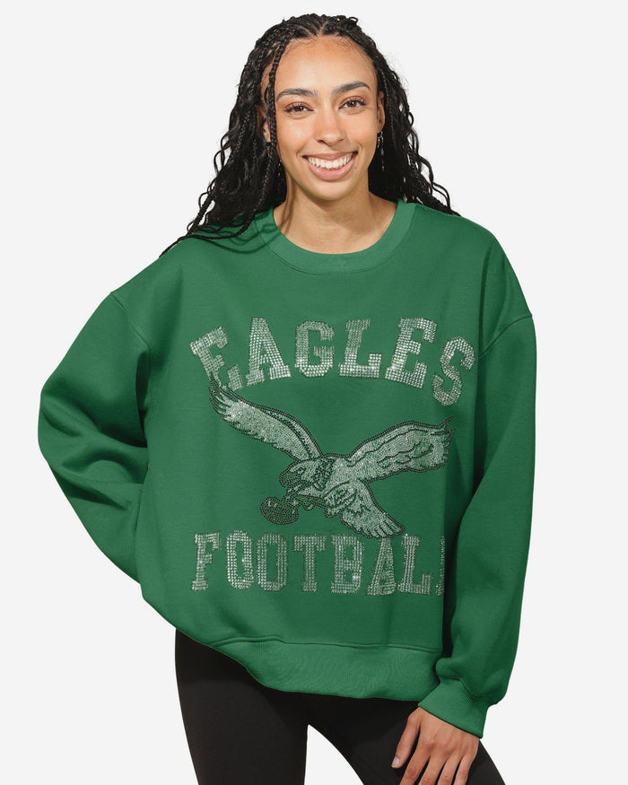 eagles gear women's Philadelphia Eagles Womens Kelly Green Rhinestone Logo Oversized Crew FOCO