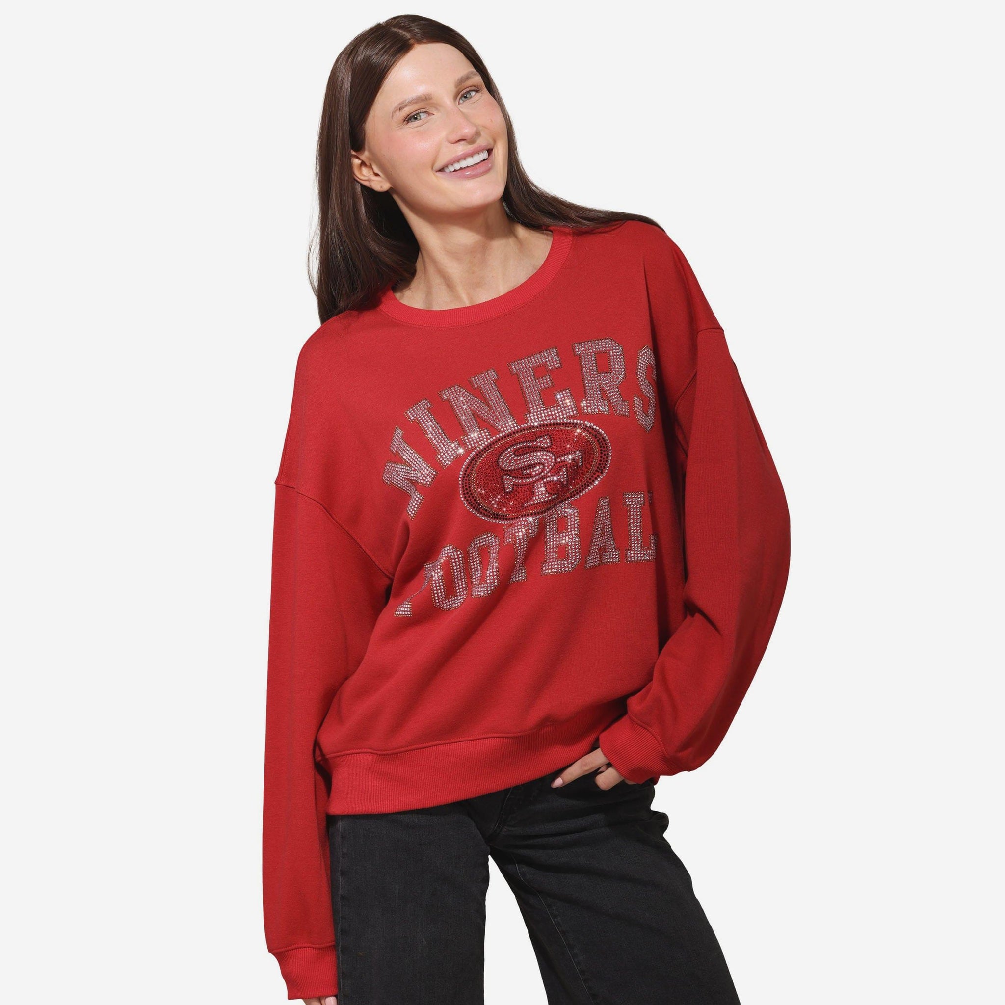 San Francisco 49ers Womens Rhinestone Logo Oversized Crew