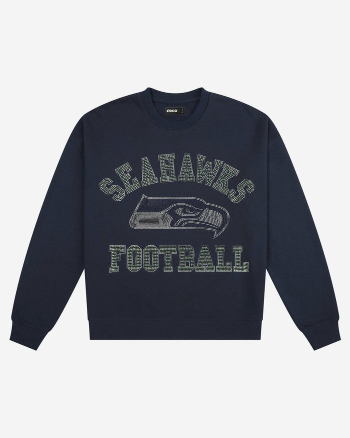 Seattle Seahawks Womens Rhinestone Logo Oversized Crew Neck Sweatshirt FOCO S - FOCO.com