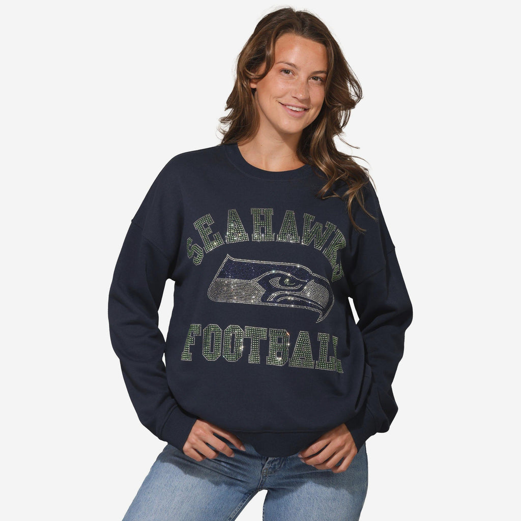 Seahawks Rhinestones Seattle Seahawks Womens Rhinestone Logo Oversized Crew Neck Sweatshirt FOCO
