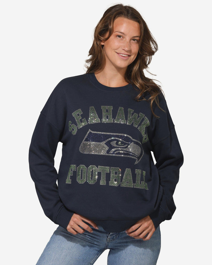 Seattle Seahawks Womens Rhinestone Logo Oversized Crew Neck Sweatshirt FOCO S - FOCO.com