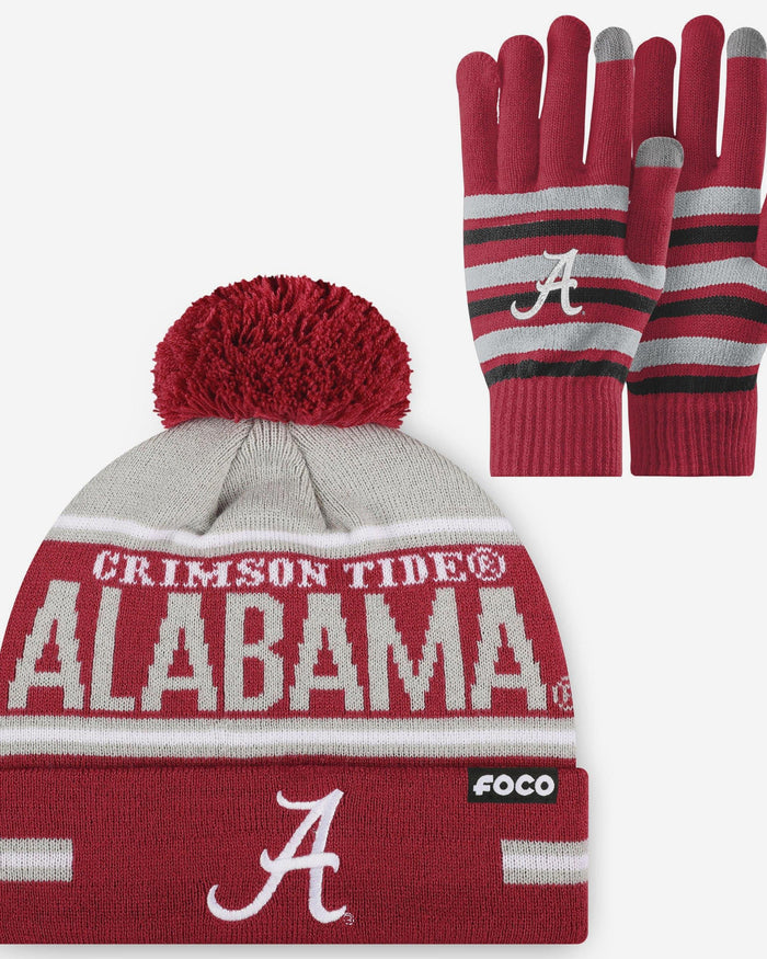 Alabama Crimson Tide Stretch Glove & Big Wordmark Stripe Pom Beanie Set FOCO - FOCO.com