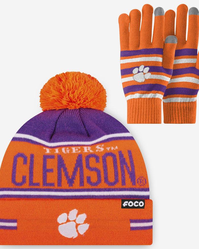 Clemson Tigers Stretch Glove & Big Wordmark Stripe Pom Beanie Set FOCO - FOCO.com