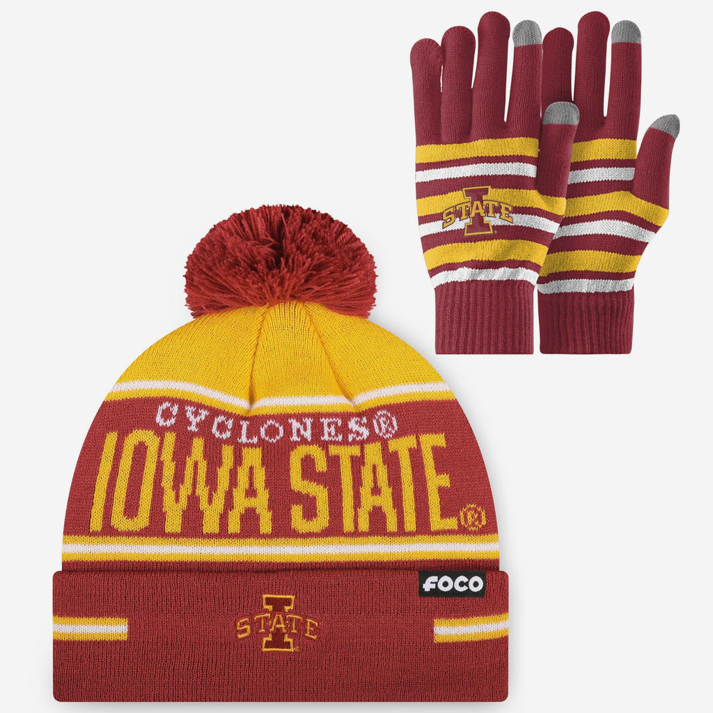 Iowa State Cyclones Stretch Glove & Big Wordmark Stripe Pom Beanie Set FOCO - FOCO.com