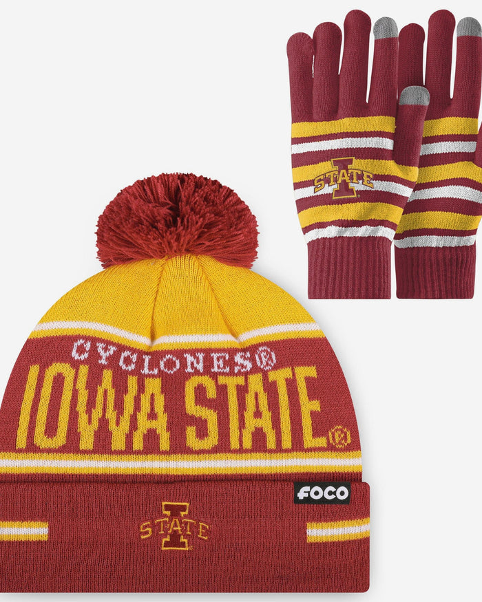 Iowa State Cyclones Stretch Glove & Big Wordmark Stripe Pom Beanie Set FOCO - FOCO.com