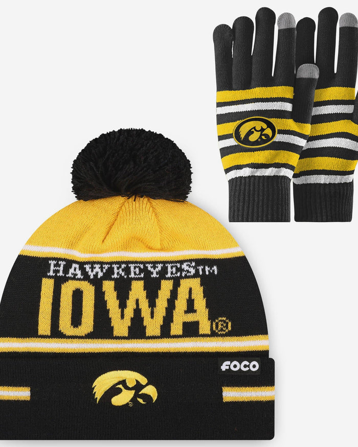 Iowa Hawkeyes Stretch Glove & Big Wordmark Stripe Pom Beanie Set FOCO - FOCO.com