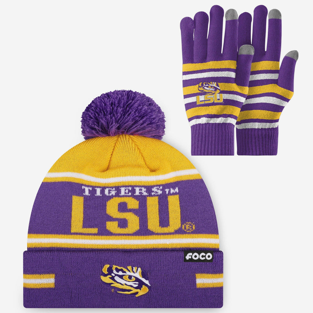 LSU Tigers Stretch Glove & Big Wordmark Stripe Pom Beanie Set FOCO - FOCO.com