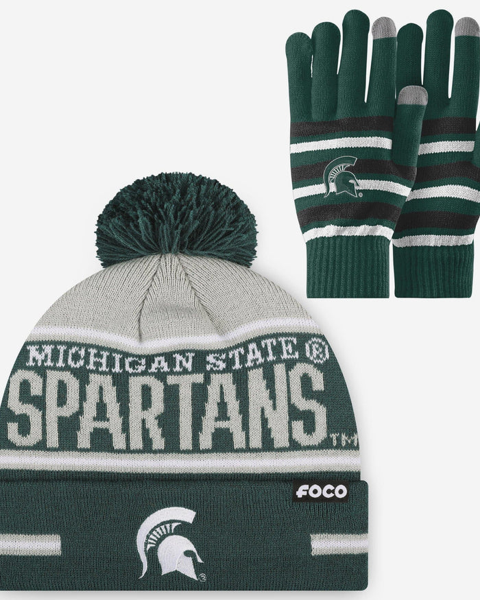 Michigan State Spartans Stretch Glove & Big Wordmark Stripe Pom Beanie Set FOCO - FOCO.com