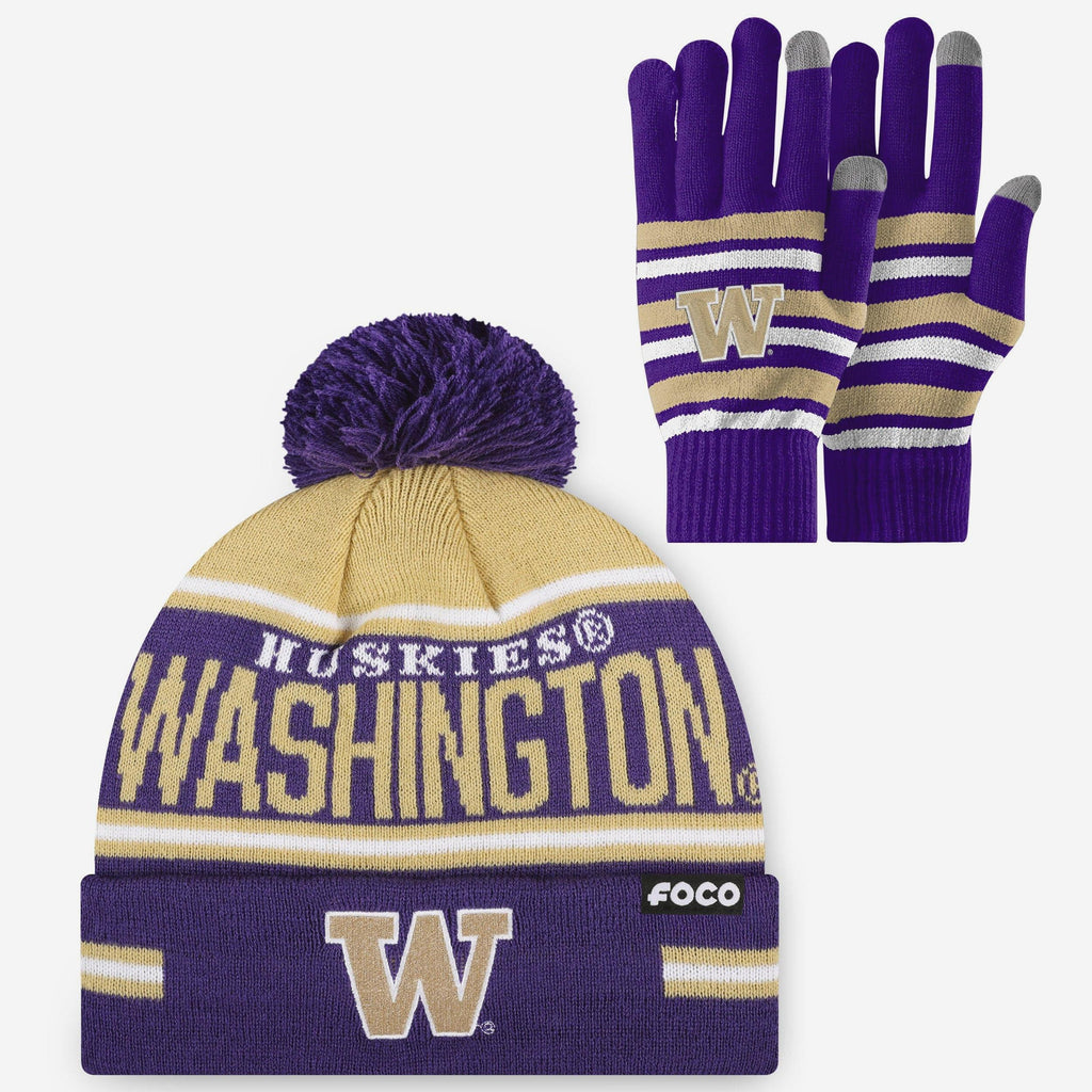 Washington Huskies Stretch Glove & Big Wordmark Stripe Pom Beanie Set FOCO - FOCO.com