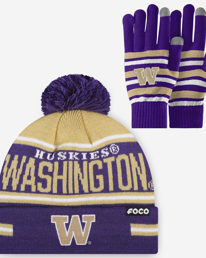 Washington Huskies Stretch Glove & Big Wordmark Stripe Pom Beanie Set FOCO - FOCO.com