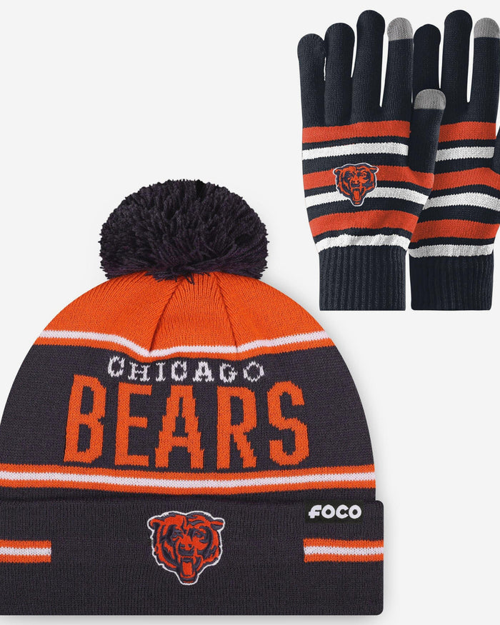 Chicago Bears Stretch Glove & Big Wordmark Stripe Pom Beanie Set FOCO - FOCO.com