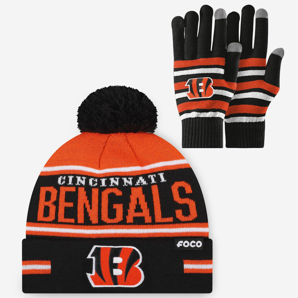 Cincinnati Bengals Stretch Glove & Big Wordmark Stripe Pom Beanie Set FOCO - FOCO.com