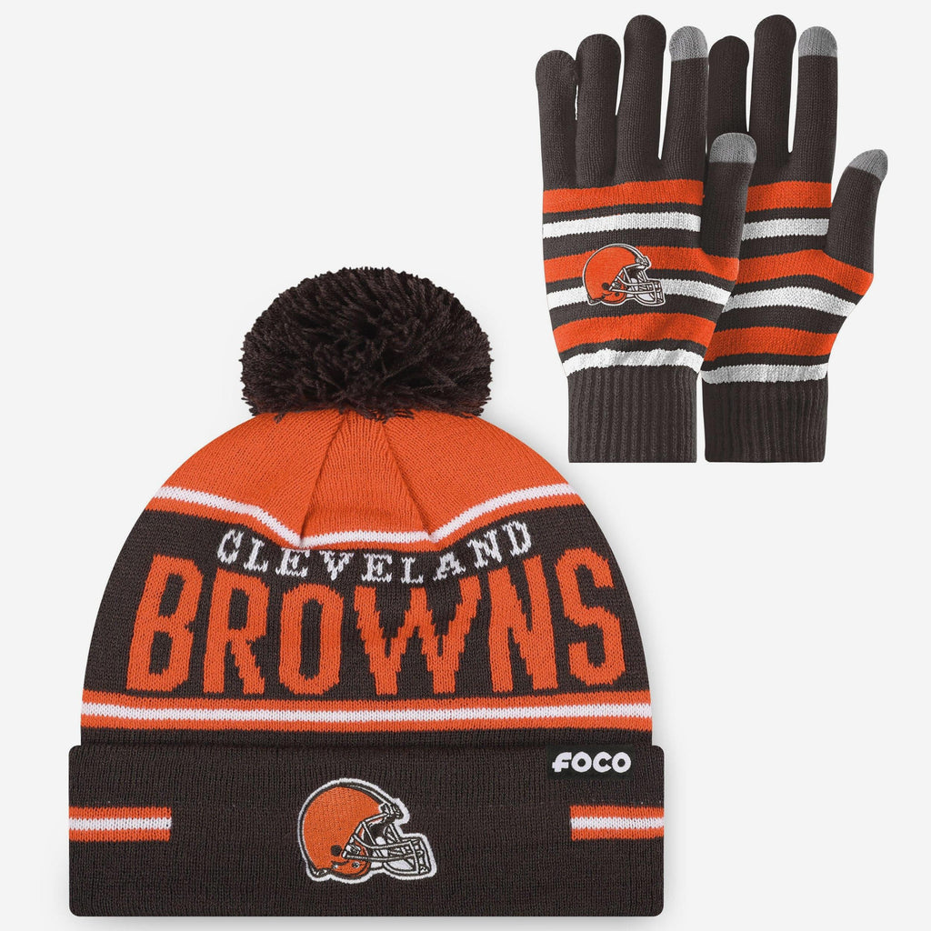 Cleveland Browns Stretch Glove & Big Wordmark Stripe Pom Beanie Set FOCO - FOCO.com