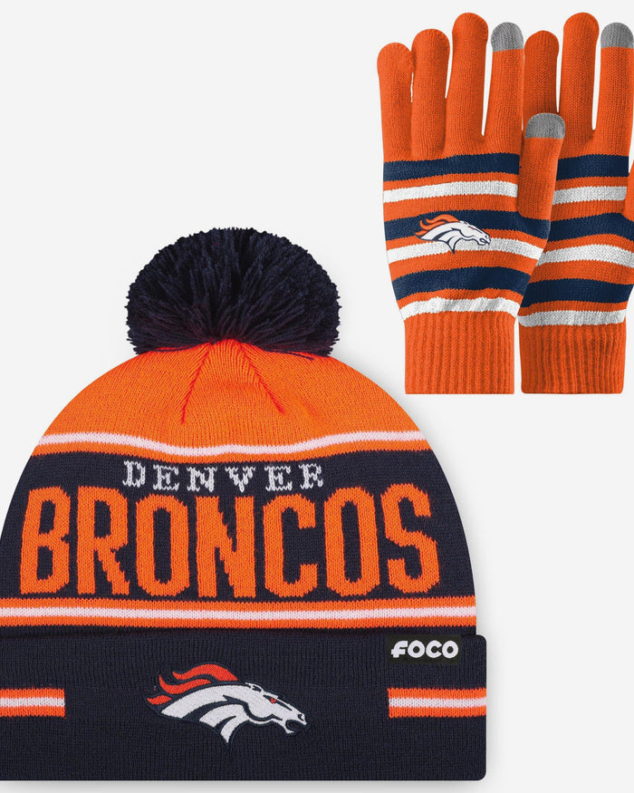 Denver Broncos Stretch Glove & Big Wordmark Stripe Pom Beanie Set FOCO - FOCO.com