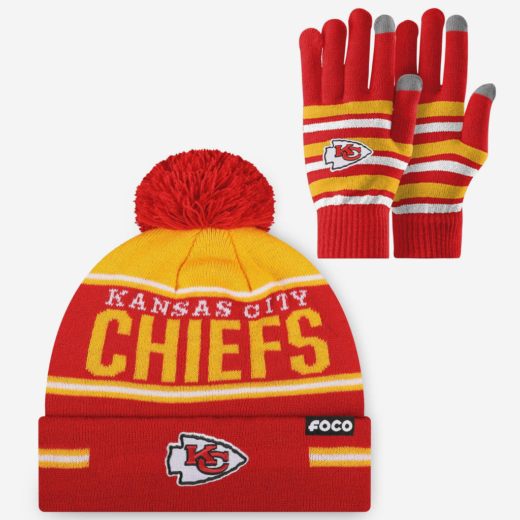 Kansas City Chiefs Stretch Glove & Big Wordmark Stripe Pom Beanie Set FOCO - FOCO.com