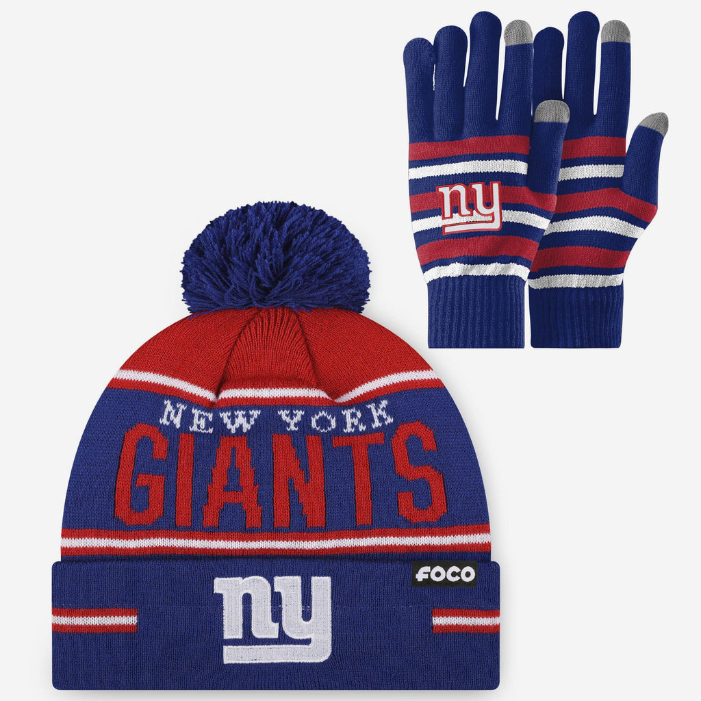 New York Giants Stretch Glove & Big Wordmark Stripe Pom Beanie Set FOCO - FOCO.com