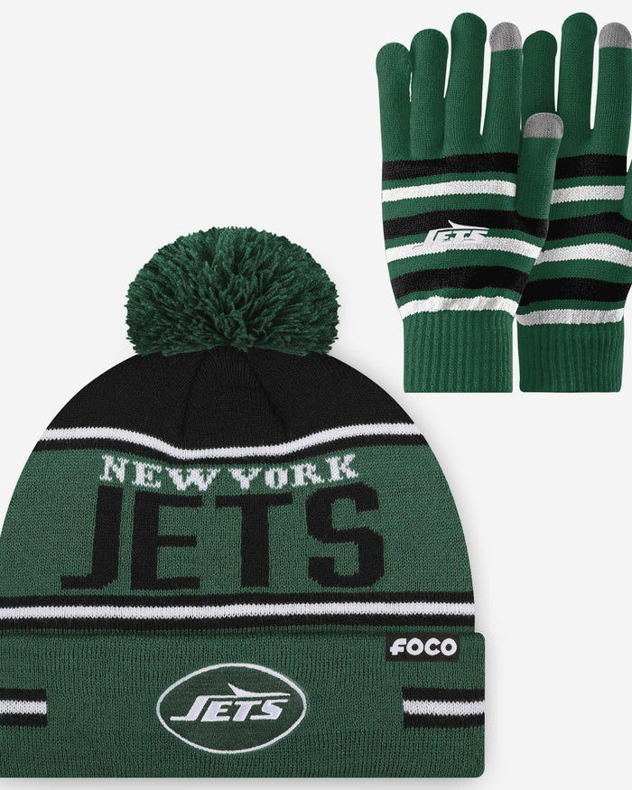 New York Jets Stretch Glove & Big Wordmark Stripe Pom Beanie Set FOCO - FOCO.com