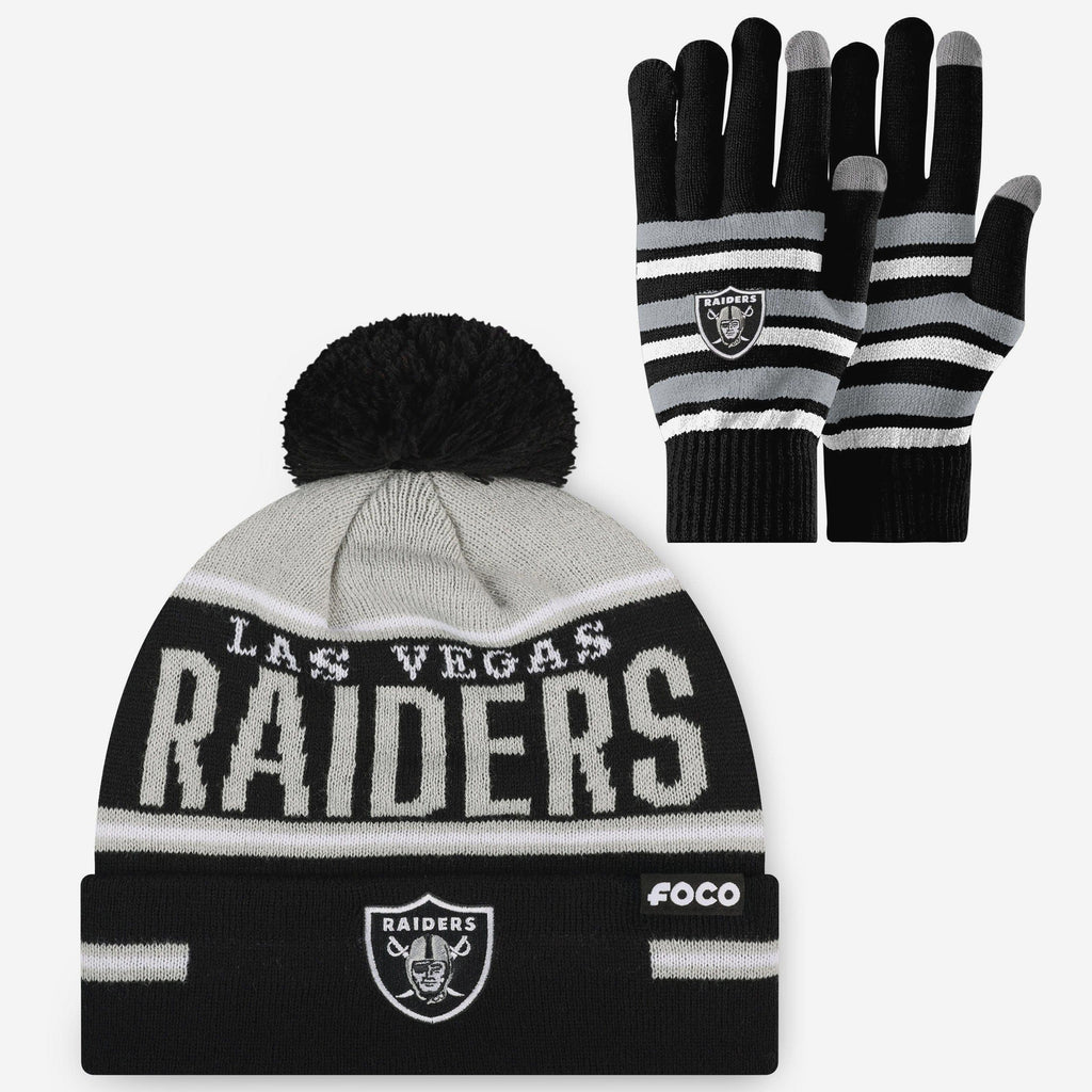 Las Vegas Raiders Stretch Glove & Big Wordmark Stripe Pom Beanie Set FOCO - FOCO.com