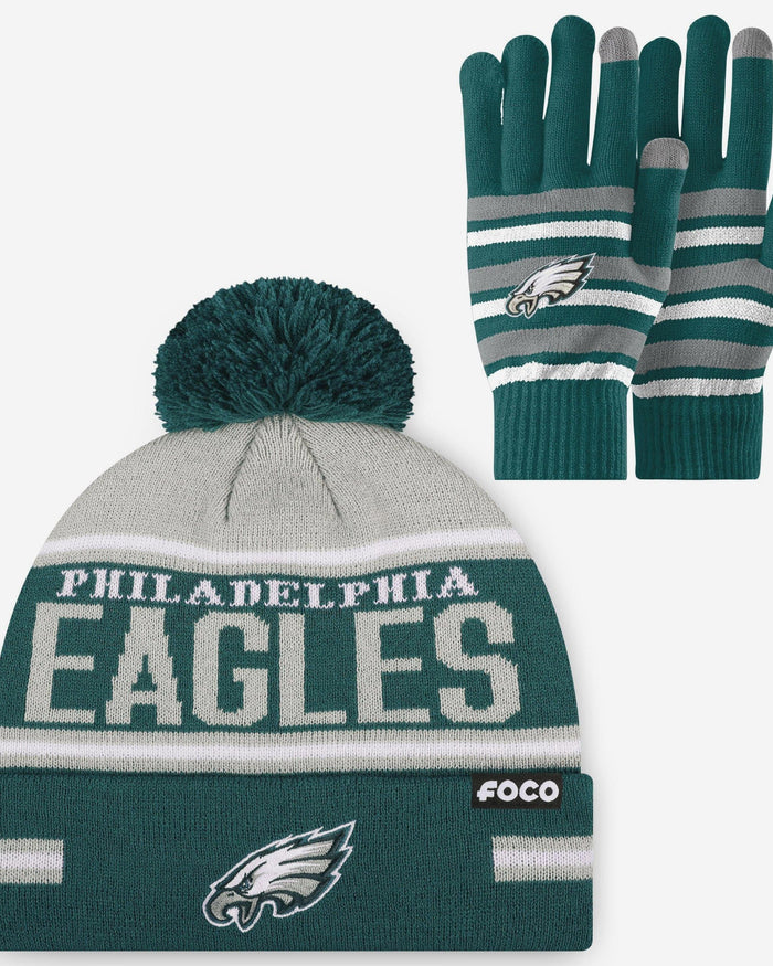 Philadelphia Eagles Stretch Glove & Big Wordmark Stripe Pom Beanie Set FOCO - FOCO.com