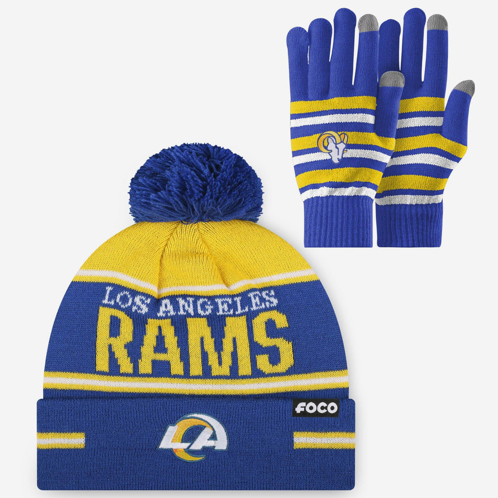 Los Angeles Rams Stretch Glove & Big Wordmark Stripe Pom Beanie Set FOCO - FOCO.com