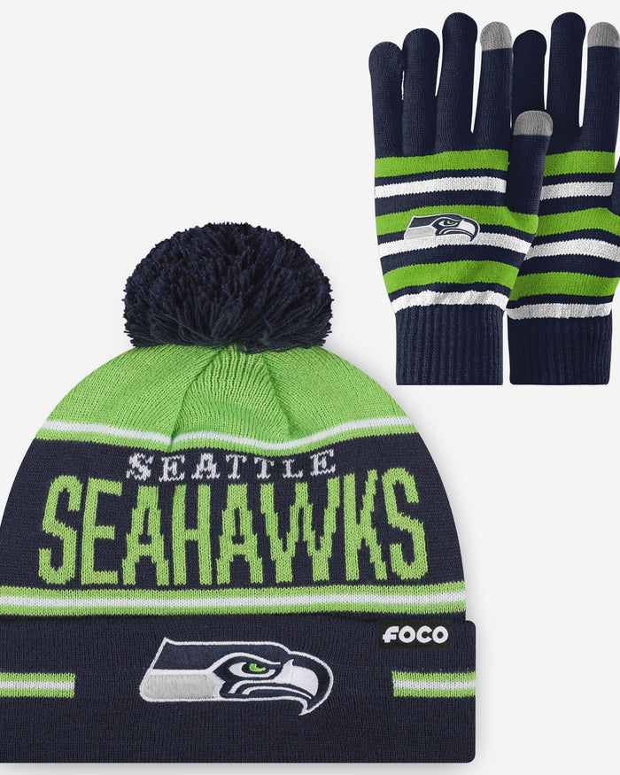 Seattle Seahawks Stretch Glove & Big Wordmark Stripe Pom Beanie Set FOCO - FOCO.com