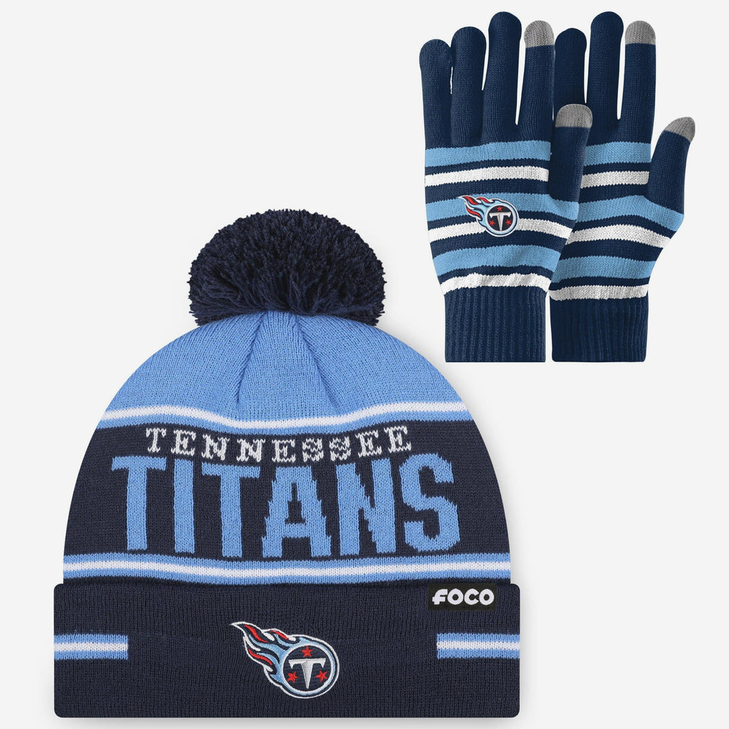 Tennessee Titans Stretch Glove & Big Wordmark Stripe Pom Beanie Set FOCO - FOCO.com