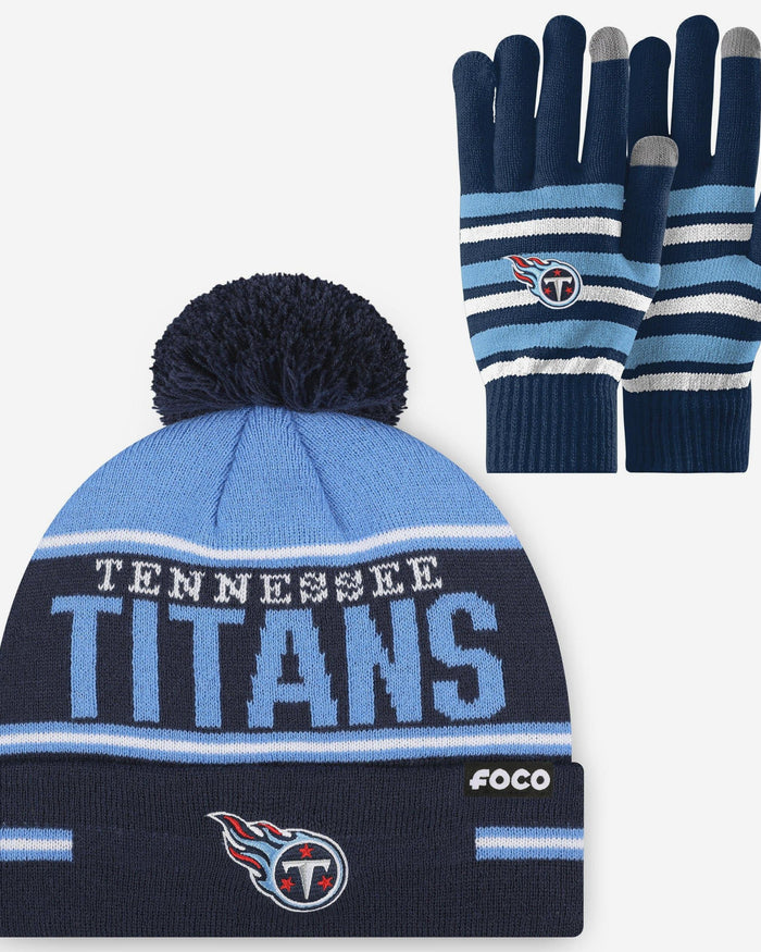 Tennessee Titans Stretch Glove & Big Wordmark Stripe Pom Beanie Set FOCO - FOCO.com