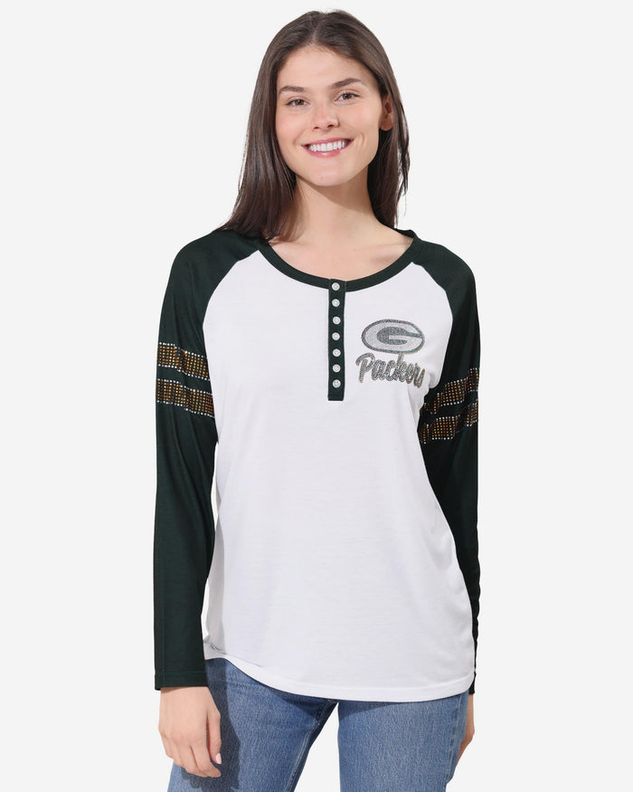 Green Bay Packers Rhinestone Long Sleeve Henley FOCO S - FOCO.com