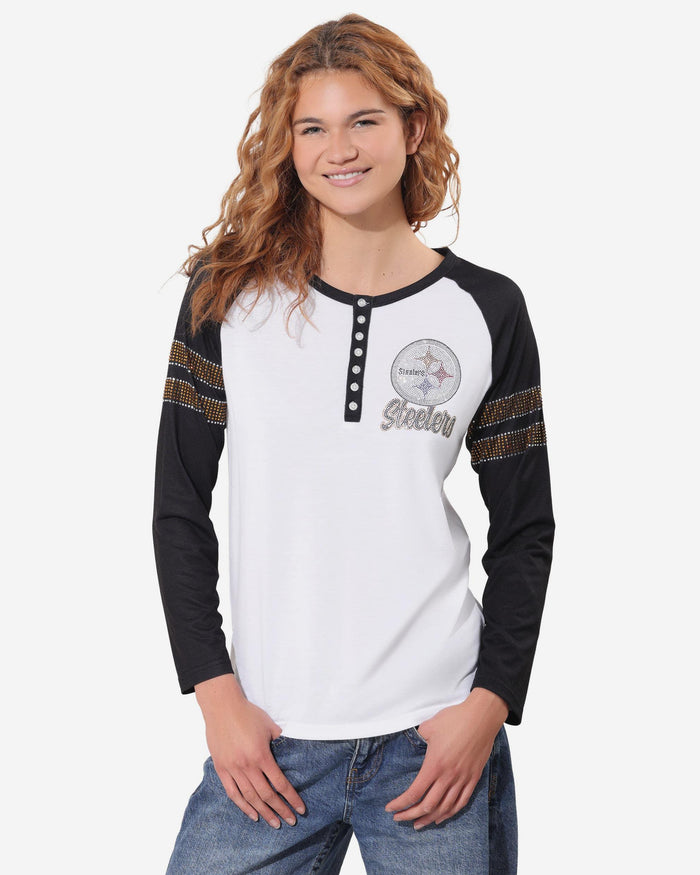 Pittsburgh Steelers Rhinestone Long Sleeve Henley FOCO S - FOCO.com