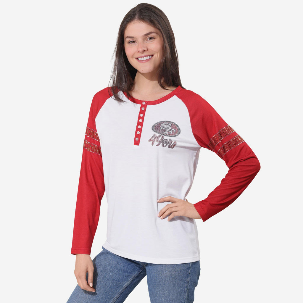 San Francisco 49ers Rhinestone Long Sleeve Henley FOCO S - FOCO.com