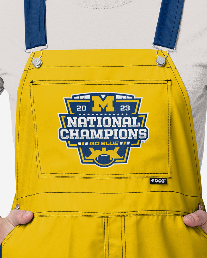 Michigan Wolverines 2023 Football National Champions Yellow Mens Team Stripe Stripe Bib Overalls FOCO - FOCO.com